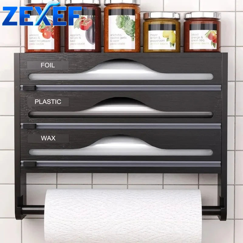 

Бамбуковый диспенсер с держателем для салфеток, 3-уровневый кухонный органайзер для фольги, пищевой пленки, восковой бумаги, со встроенным резаком, подставка для хранения, для домашнего использования