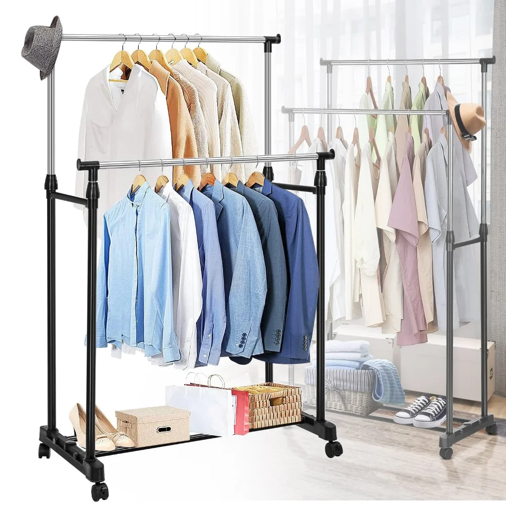 Porte-vêtements réglable en hauteur, avec roulettes, double tringle, pour suspendre les vêtements, pour usage commercial et domestique