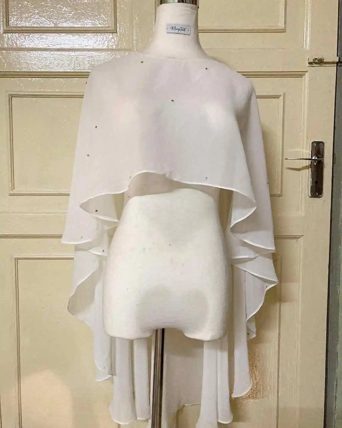 Simple Round Neck Flowy Layered Chiffon Bridal Cape Rhinestone Shrug For Bride Ceremony Reception Formal Occasion Customized
