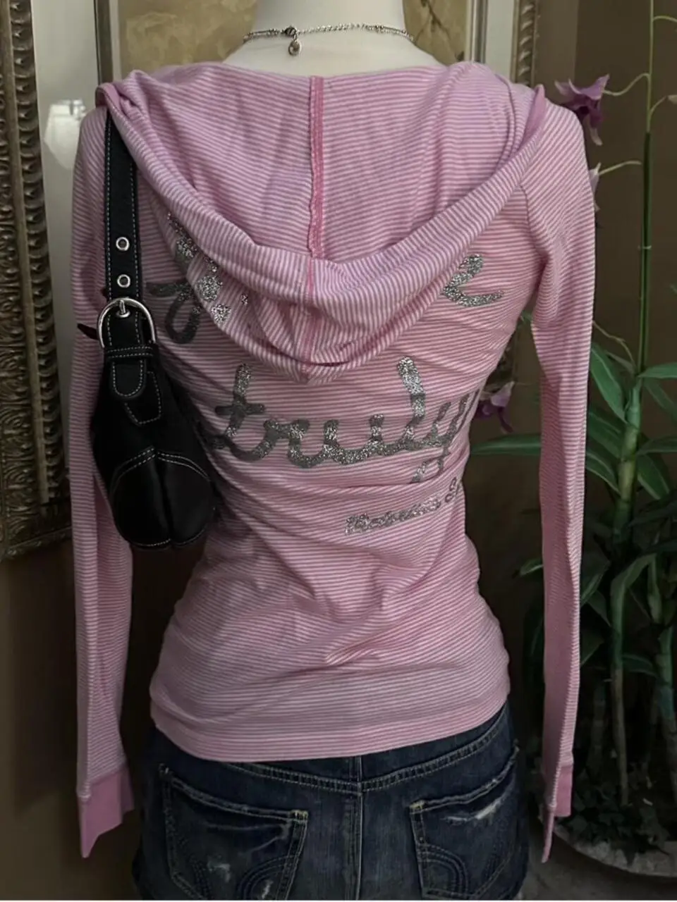 HANYAYA Y2K American Vintage Pink Striped Long Sleeve Hooded T-Shirt Women Spring Autumn Thin Base Layer Top - view 2