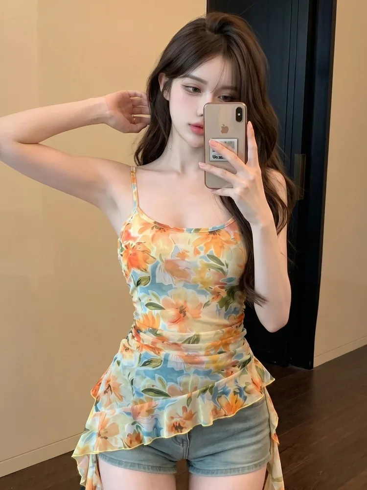 

Korean Style Slim Fit Tank Top Women's Summer New Waist Cinching Slimming Short Outerwear Blouse Sleeveless One Shoulder Print