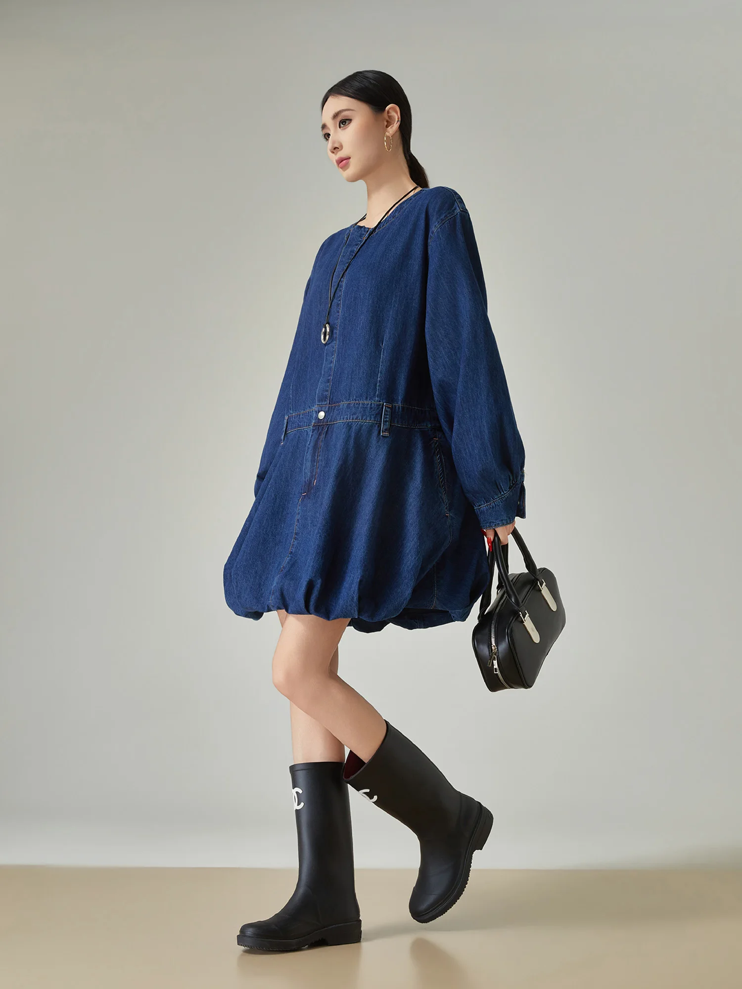 

Deep Blue Washed Denim Long Sleeve Dress Loose Fitting Mid-Length Casual Skirt A-Line Silhouette round Neck Single Button