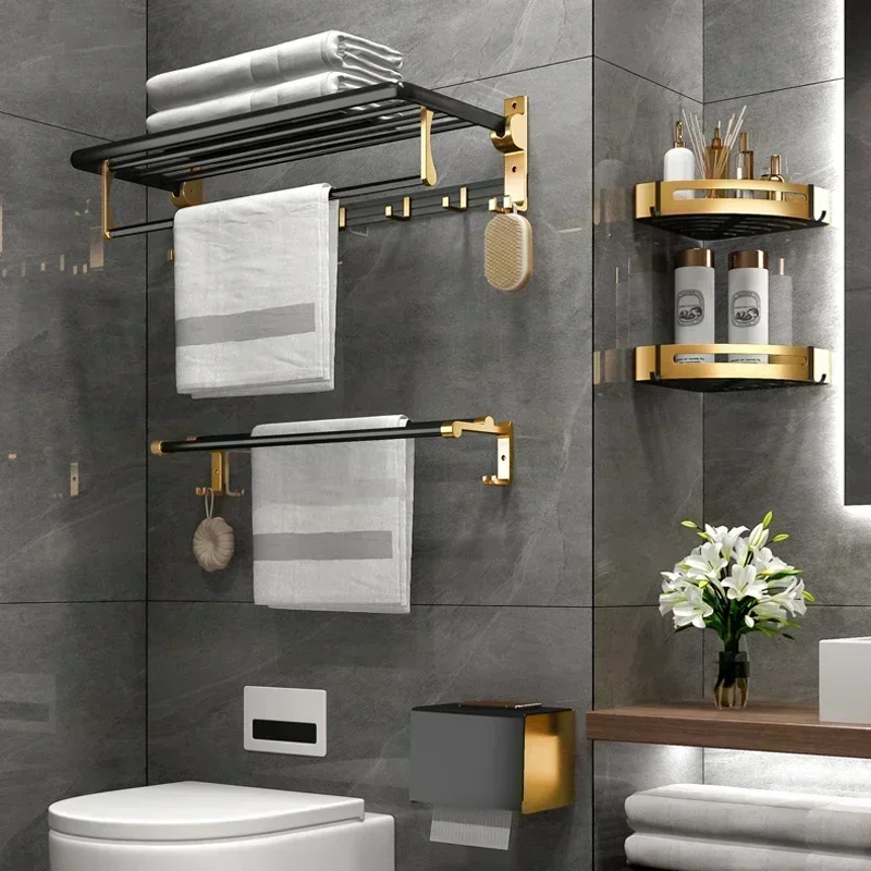 Black Gold Aluminum Bathroom Accessories Hardware Set Towel Bar Rail Paper Holder Robe Hook Bath Rack Hanger Shelf Toilet Brush