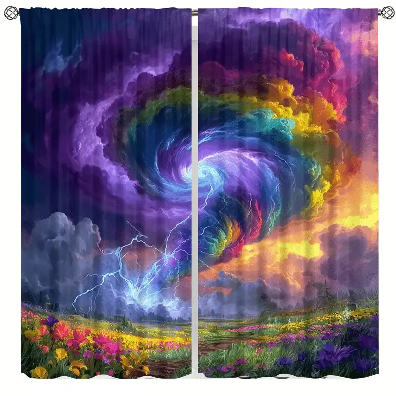 2pcs Rainbow Thunder Flower Field Print Curtains, Semi-Transparent Polyester Rod Top Curtains for Living Room and Bedroom, Machi