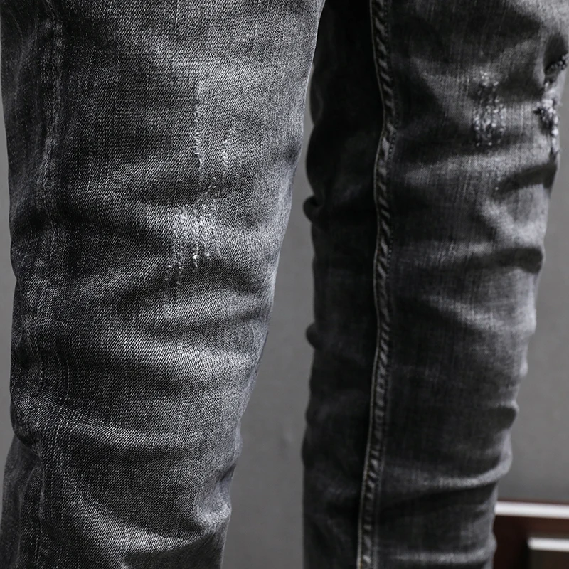 Fashion Designer Men Jeans High Quality Retro Black Gray Stretch Slim Fit Ripped Jeans Men Vintage Designer Denim Pants Hombre
