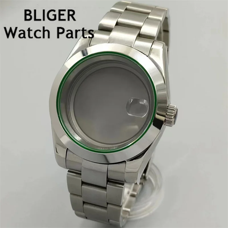 Bliger เคสขัดเงาขอบสีเขียว36มม./40มม. กระจกแซฟไฟร์พอดีกับ NH35 NH36 ETA2824 2836 Mingzhu DG2813 3804 Miyota8205 8215 PT5000