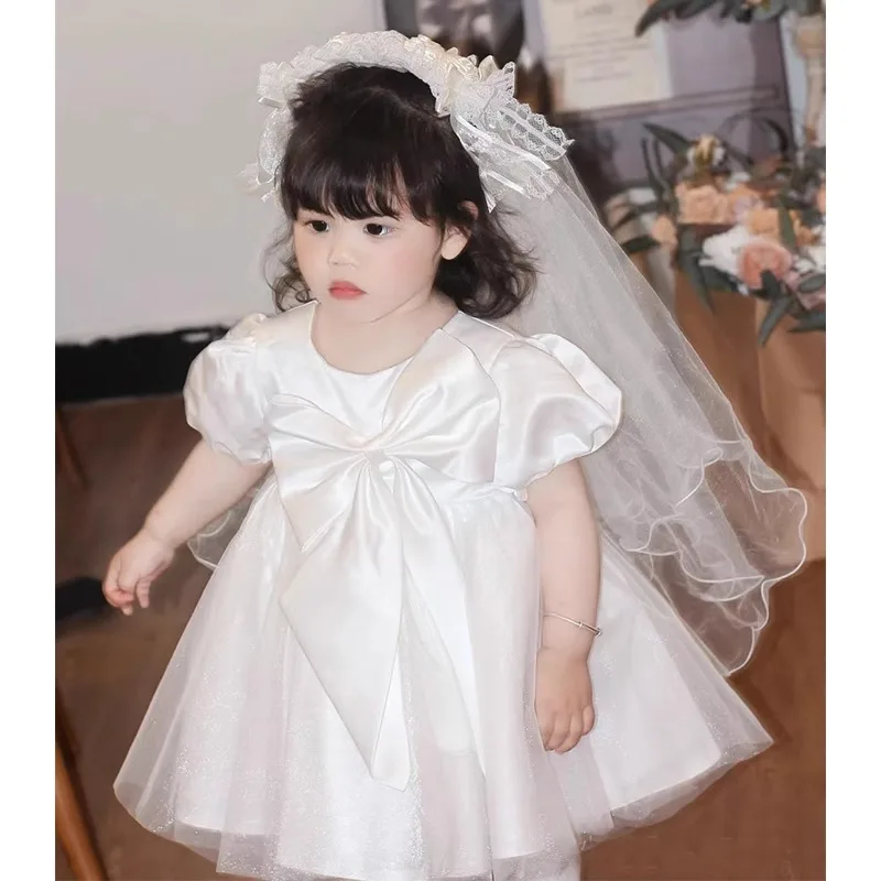 First Birthday Dress Puffy Skirt High-end Stylish Girl's White Satin Princess Dress Wedding Flower Girl Dress