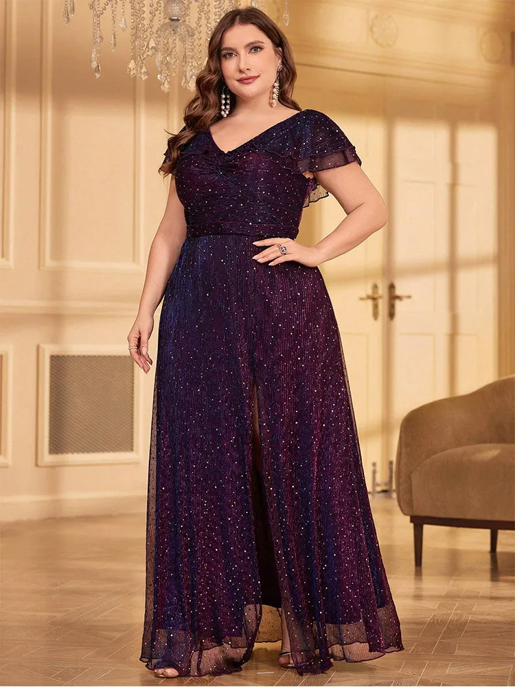 Plus Size V-Neck Purple Colorful Polka Dot Floor-Length Bridesmaid Dress Big Size Banquet Festival Evening Dress Women