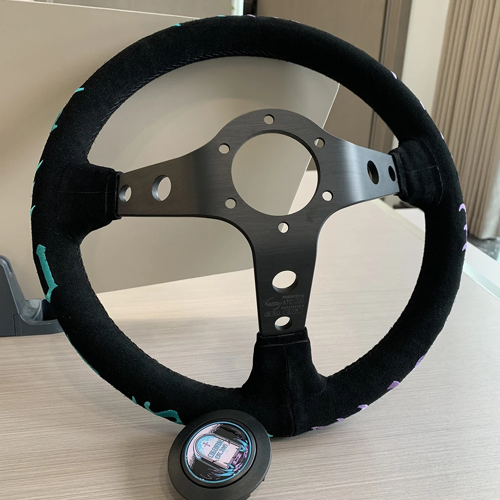 Universal likewise Suede Leather Steering Wheel 330mm Deep Dish Embroidery Racing Steering Wheel