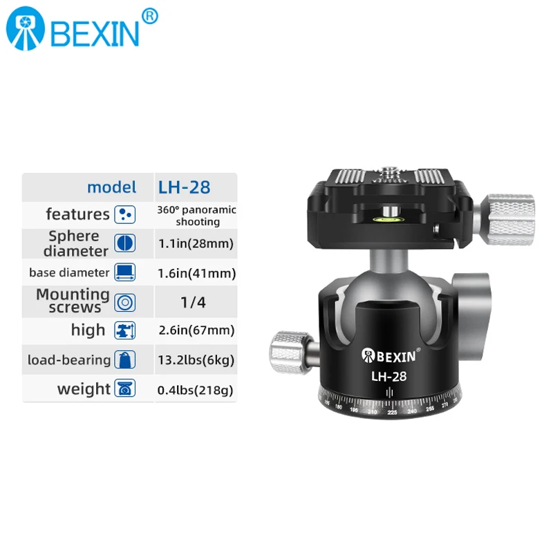 Cabezal de Bola BEXIN LH28/LH32 de Bajo Centro de Gravedad, Metal CNC, 360° °   Cabezal de Trípode Panorámico para Cámara DSLR, Videocámara, Trípode y Monopié