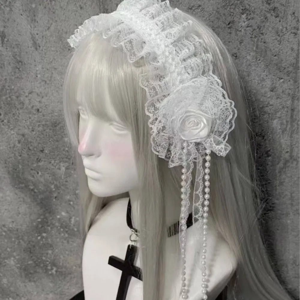 

New Rose Flower Gothic Lolita Headband Frilled Pearl Tassel Frilled Headdress Elastic White Rose Hairband Dress Up