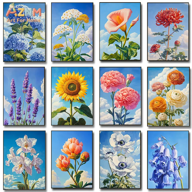 AZNM Colorful Flower with Blue Sky Canvas Print Floral Botanical Wall Art for Home Decor