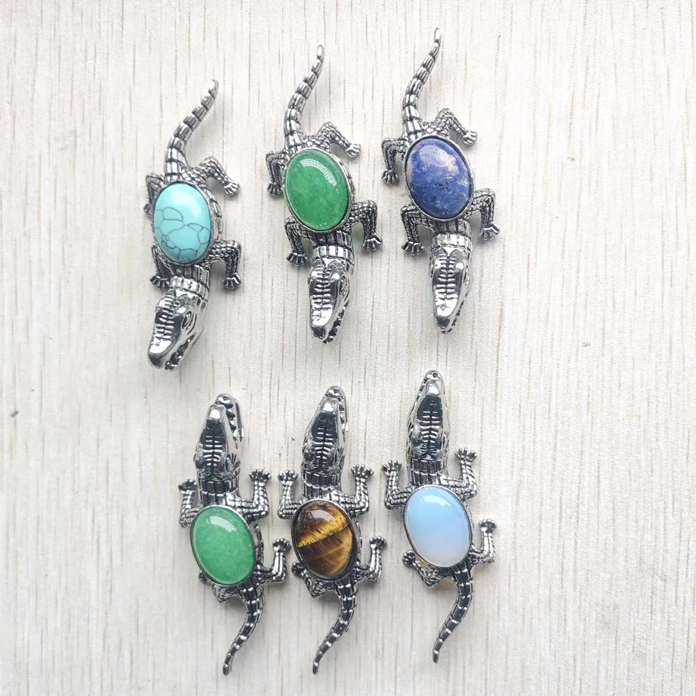 New good quality alloy crocodile mix natural stone pendants for diy necklaces gifts jewelry wholesale 6pcs free shipping item