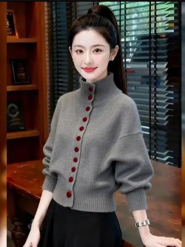 Soft Pure Color Long Sleeve Knitted Open Cardigan Autumn Winter New Style Lazy Retro High Match Coating Button up Knitwear