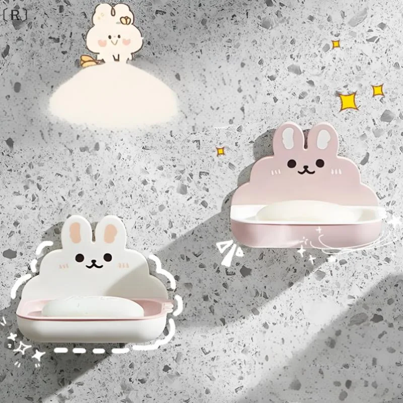 〔R〕Cute Rabbits Soaps Box Holder Wall Mounted Punch Free Double-Layer Quick Drain Soaps Storage Case Bathroom Accessories