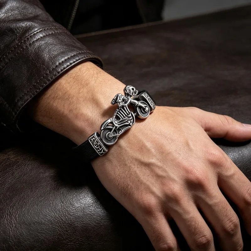 Stainless Steel Motorcycle Leather Bracelet for Men Vintage Skull Biker Punk Black Wristband Cool Rider Jewelry Gift