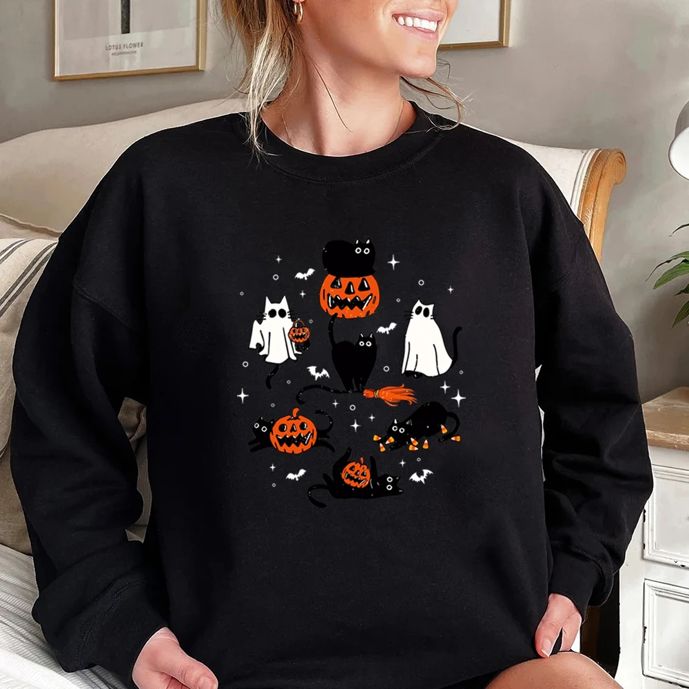 Cute Halloween Ghost Boo Cat Sweatshirt Halloween Cat Shirt Halloween Pumpkin Cat Sweater Autumn Long Sleeves Sweatshirt