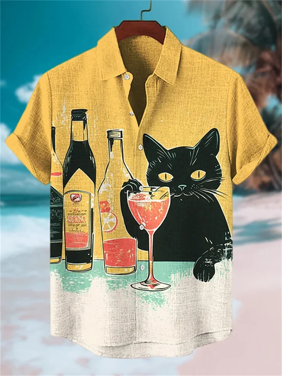 Men's vacation-style cat print short-sleeved shirt, collared, loose-fitting casual top, hot-selling trendy and breathable shirt.