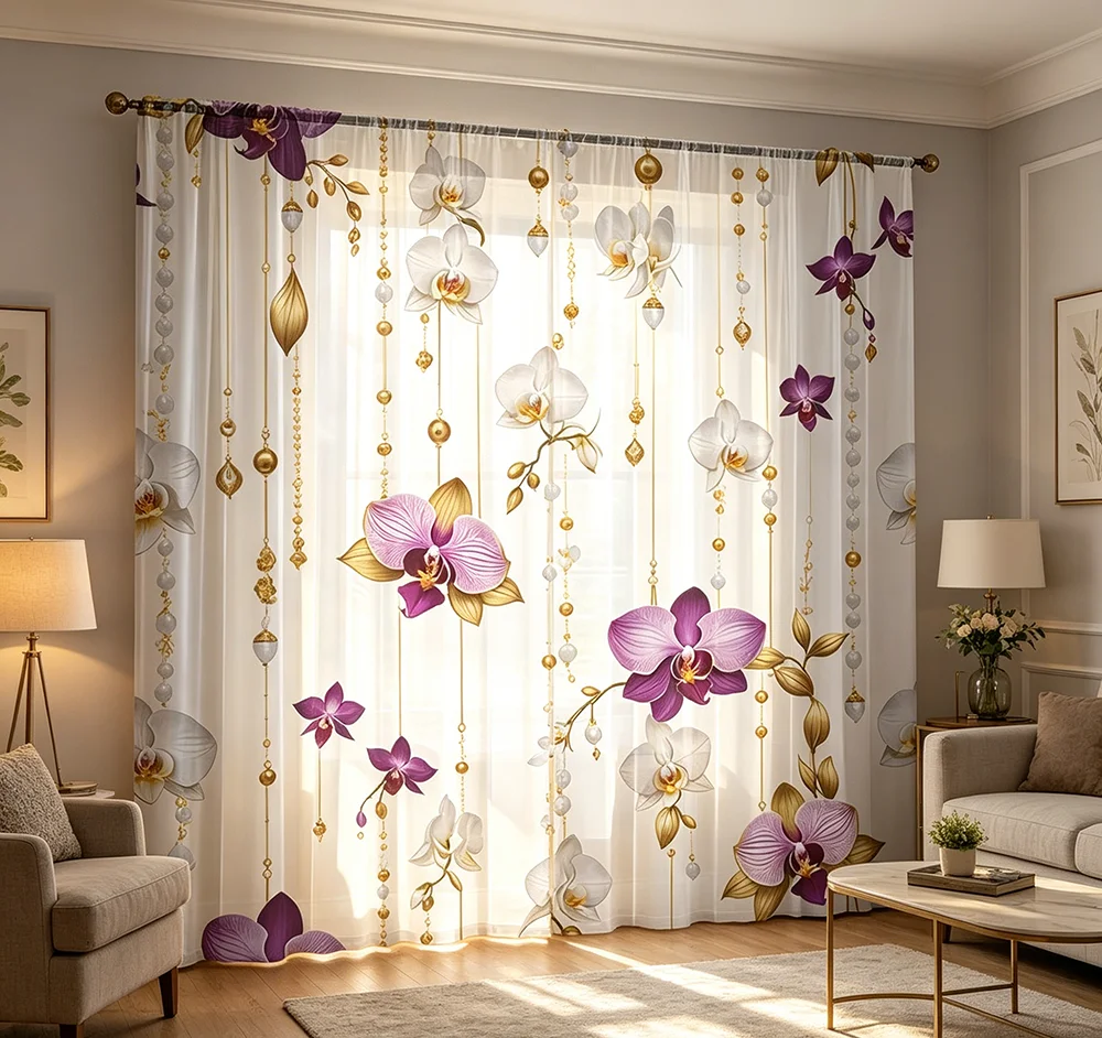 2PCS Digital Printed Sheer Curtain, Chain Orchid Flower Print, Elegant Vintage Floral Chain for Living Room Bedroom Home Decor - view 3