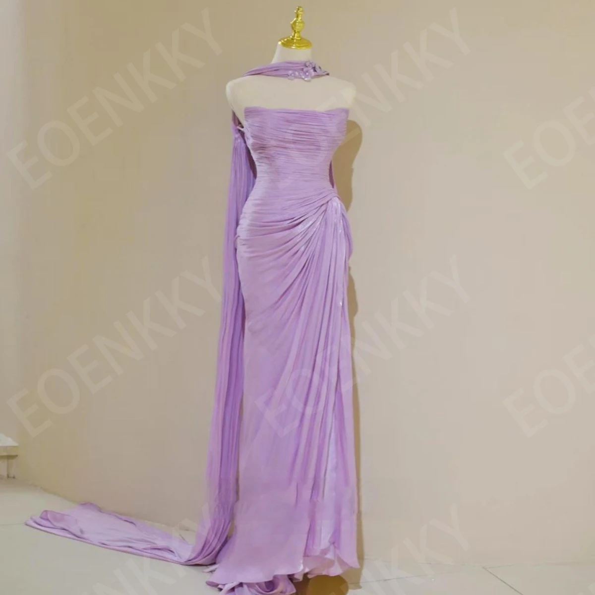 

EOENKKY Purple Long Elegant Prom Dress Mermaid Strapless Pleats Sleeveless Wedding Party Dresses Customized فستان سهرة نسائي