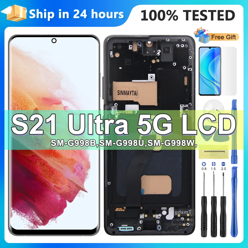 Tested S21 Ultra Display with Frame, LCD Display for Samsung S21 Ultra 5G G998F G998B Touch Screen Digitizer Replacement Parts