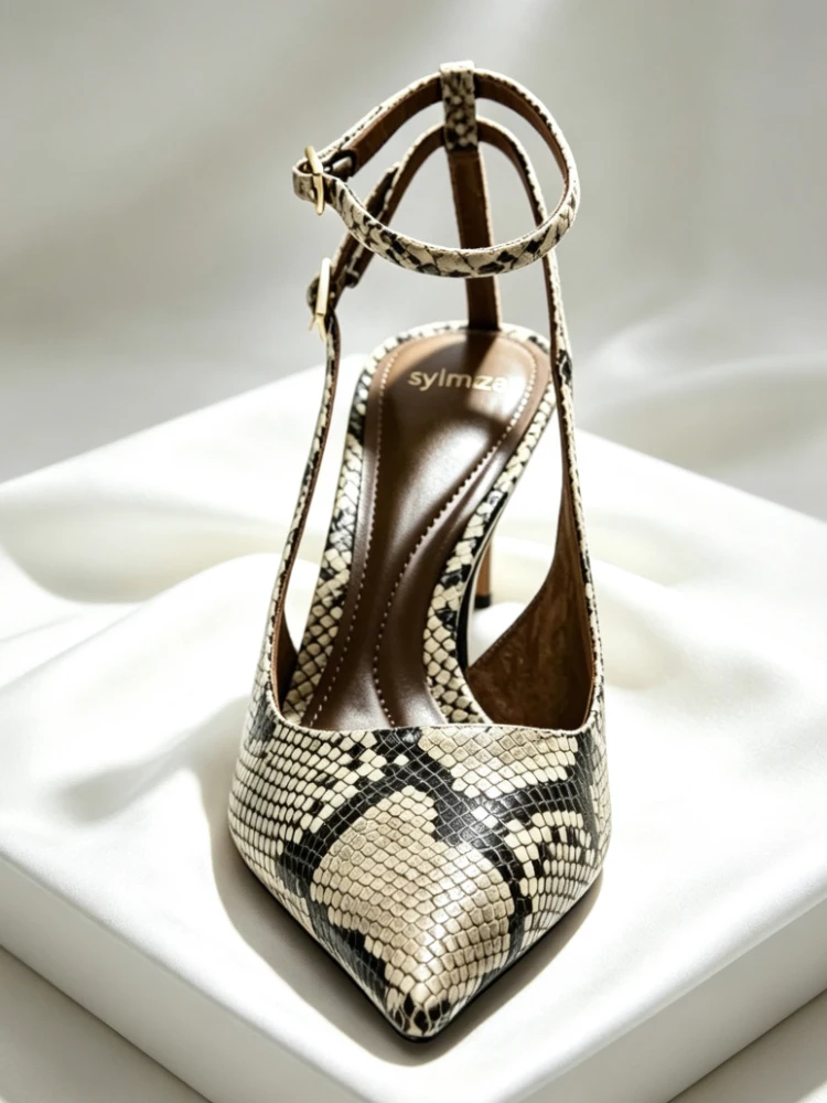 Luxury Designer Snake Print High Heels Women Elegant Ankle Strap Backless Sandals Sexy Pointed Toe Thin Heel Pumps Dress Shoes