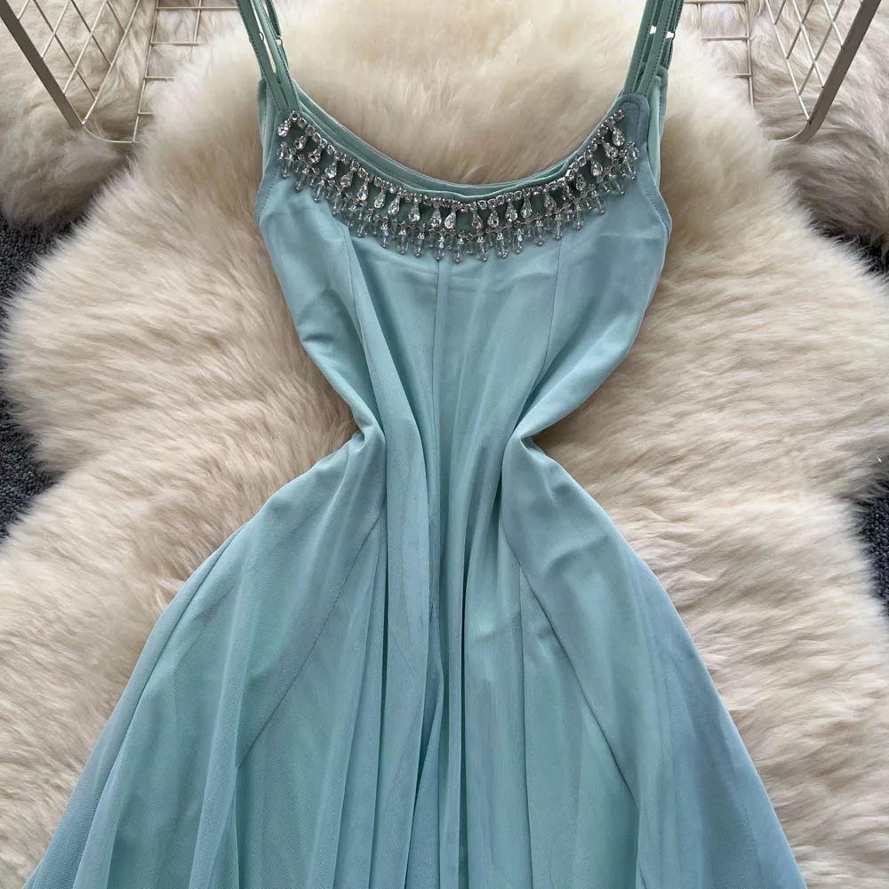 Chic vintage diamantes de imitación sin mangas elegante Hada moda coreana Boho Sundress ropa de mujer vestido