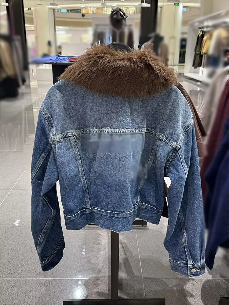 معطف نسائي من قماش الدنيم لخريف 2025 جاكيت منفوخ بأكمام طويلة وجيب وياقة من الفرو معطف قصير Chaqueta Ropa De Mujer ملابس خارجية للشارع #3