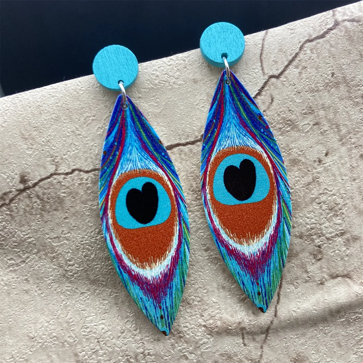 New Devil\'s Eye Peacock Feather Print Earrings With Oval Ethnic Half Circle Spliced Exotic Flower Pattern Wooden Women\'s Earring