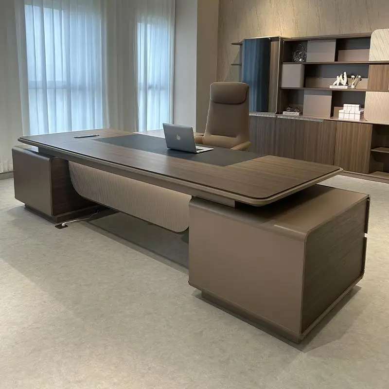 Luxury Floating Executive Desk With Charcoal Writing Pad, Ribbed Taupe Panel And International Socket For Complete Office Suite