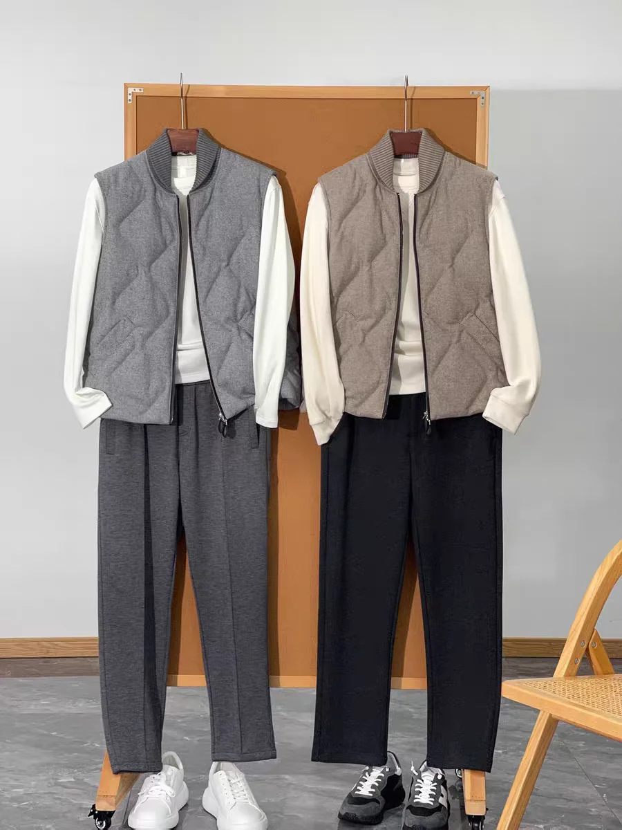 

Men's Knitted Wool Blend Faion Vest Autumn Winter Faion Ci Sle Loose Fit White Goose down Pure Color Zipper Closure