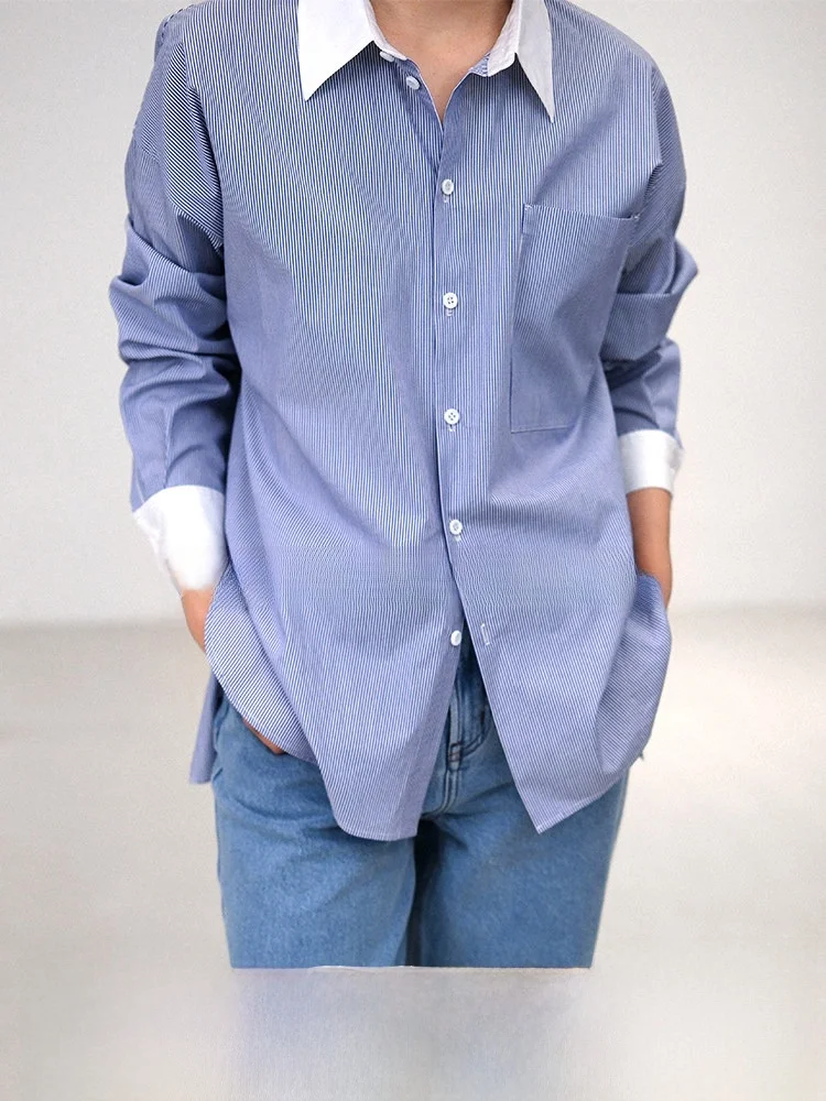 

Женская полосатая рубашка Sansan De Jiu с цветными вставками, прямого кроя, с длинным рукавом, из хлопка, для повседневной носки, весенняя новинка