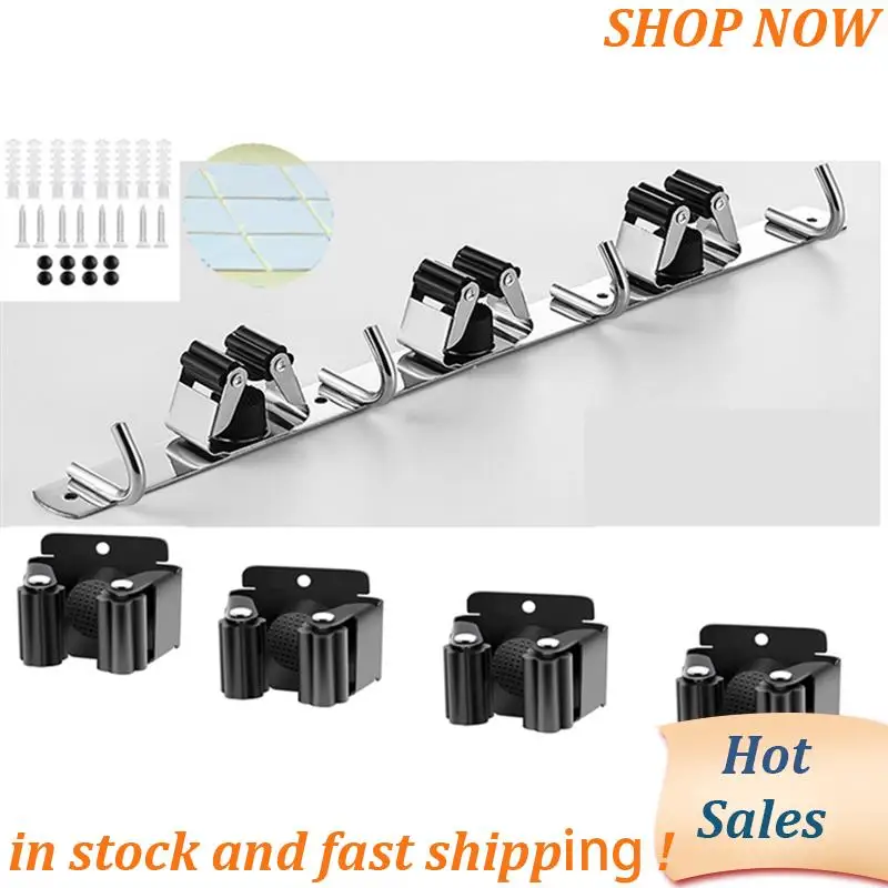 Broom Organizer Storage Tool Racks Toilet Storage Rack Stainless Steel Heavy Duty Hooks Self Adhesive Solid Non-Slip