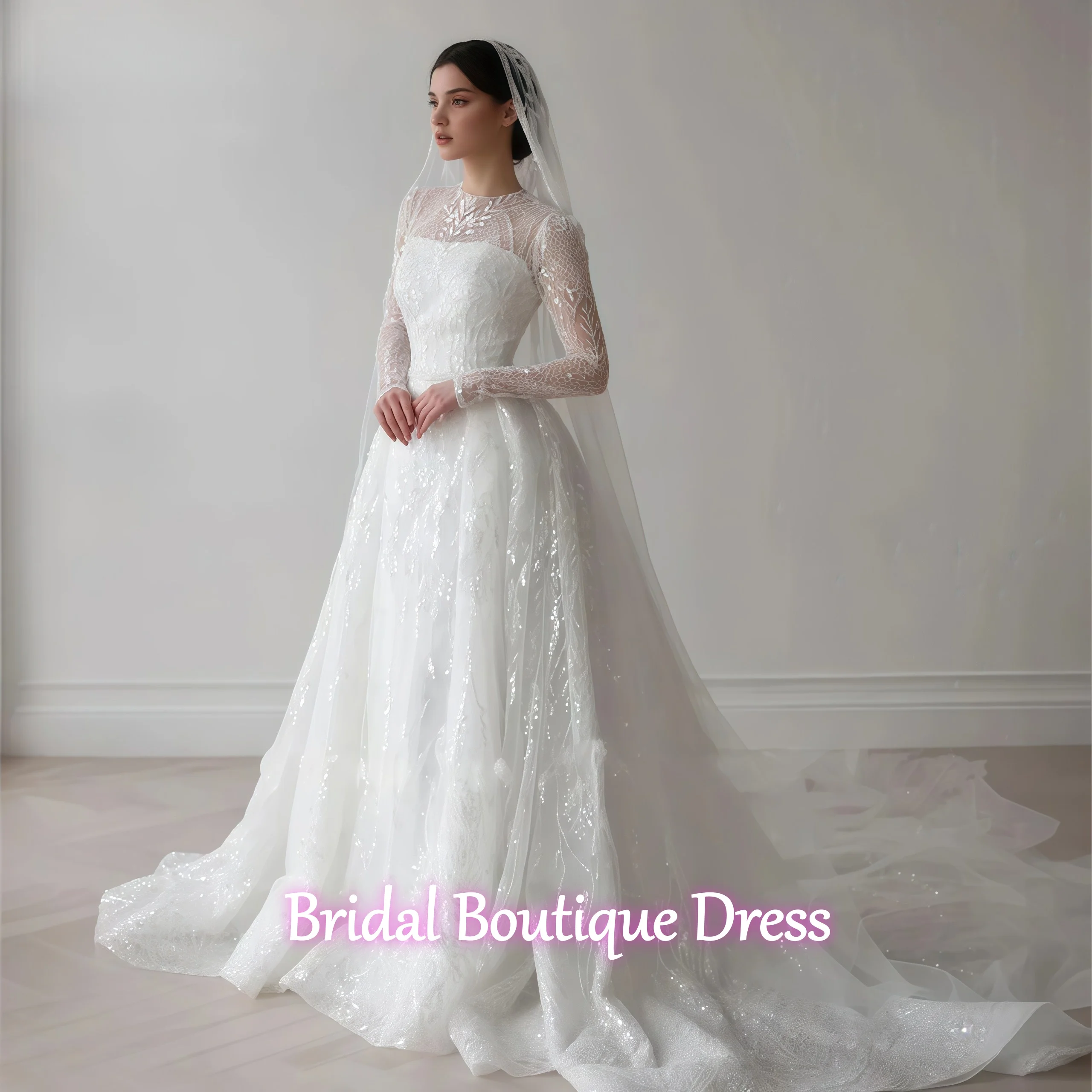 

Роскошные изысканные кружевные бисерные свадебные платья трапециевидной формы с длинными рукавами и круглым вырезом, свадебные платья длиной до пола, скромные арабские платья