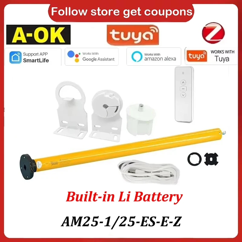 

A-OK AM25 Smart Motor for Roller Shutters Zigbee Tuya Compatible with Li Battery RF433 Alexa Google Home 38mm Curtain Tube
