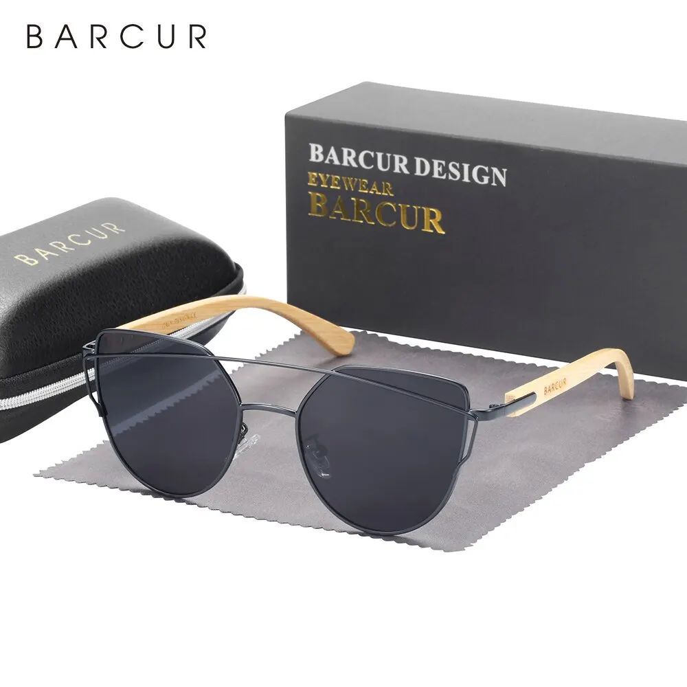 BARCUR Cat Eye Sunglasses for Women Polarized Lady Luxury Women Sun Glasses Metal Frame Wood Bamboo Glasses Sun Shades UV400