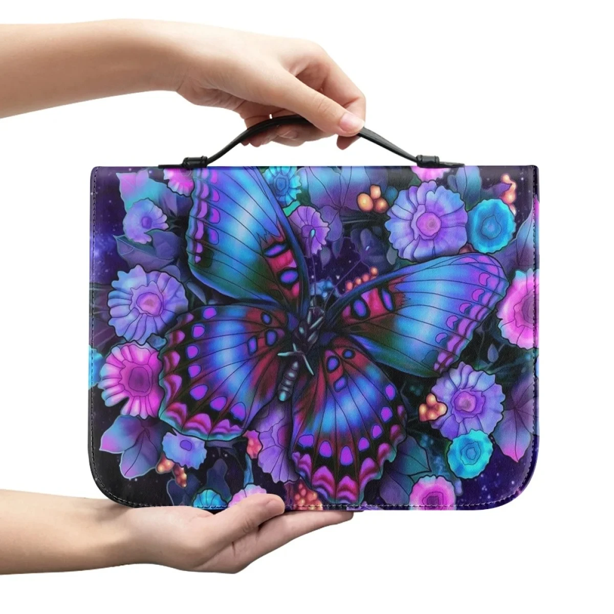 Colorful Artistic Butterfly Print Bible Cover Case for Women Leather Handbags Zippered Handle Bible Study Book Holy Storage Boxe