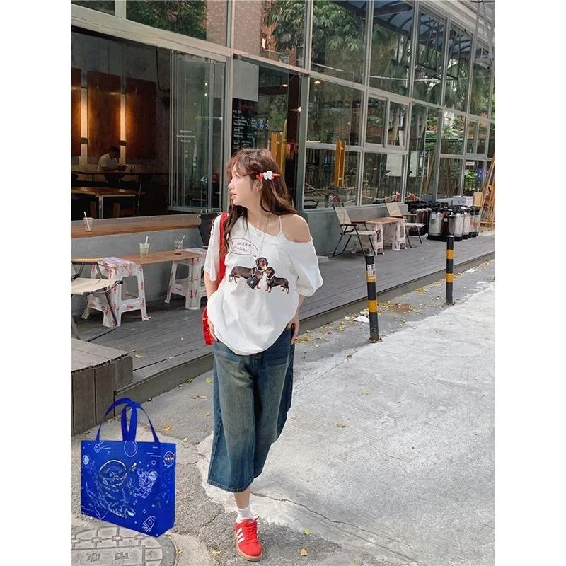 Letnia zabawa na świeżym powietrzu, dachund, casual, koszulka z odkrytym ramieniem, damska, na jedno ramię, luksusowy wygląd, nadruk z pięcioma rękawami...