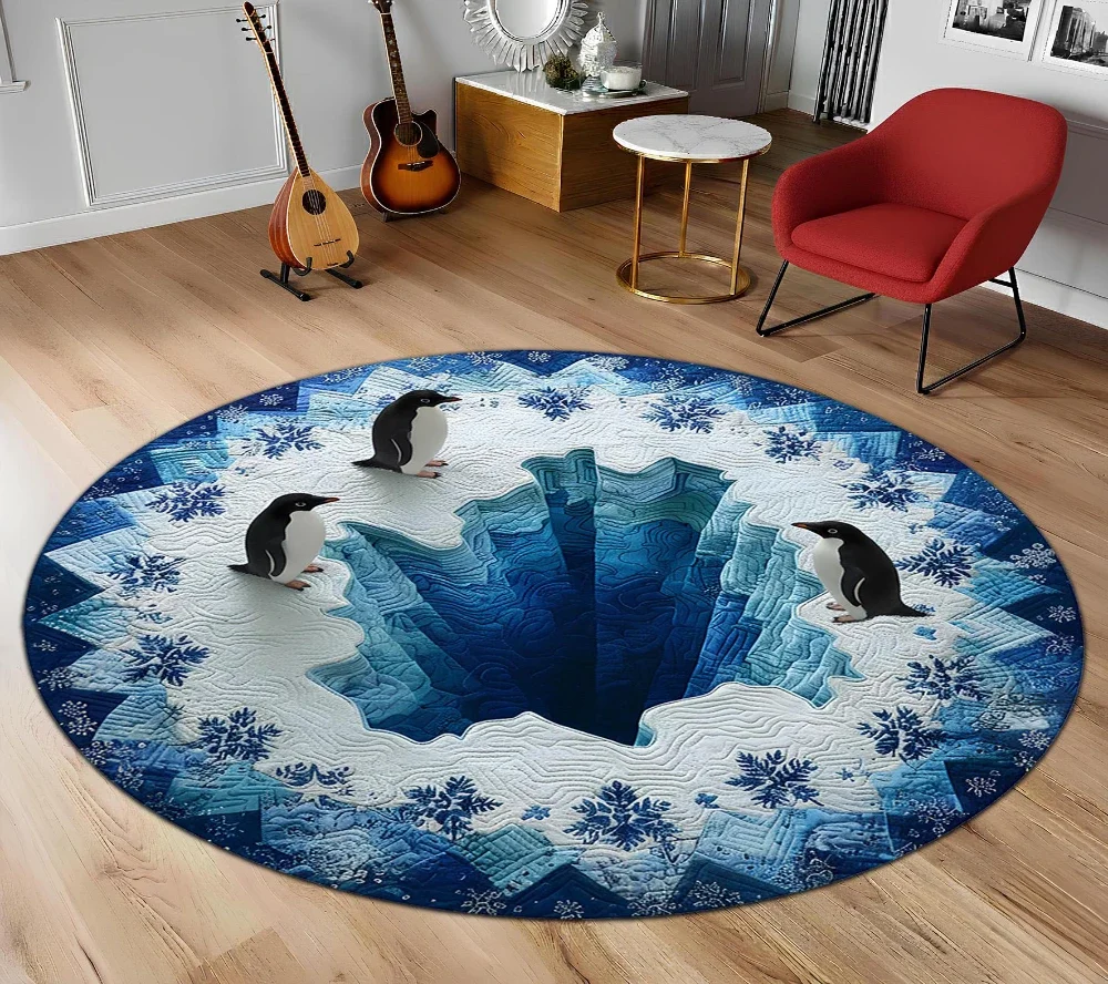 Arctic Penguin Ice Snow Scene print Circle Rug living room sofa rug game room entryway home decor Non Slip Rug Present