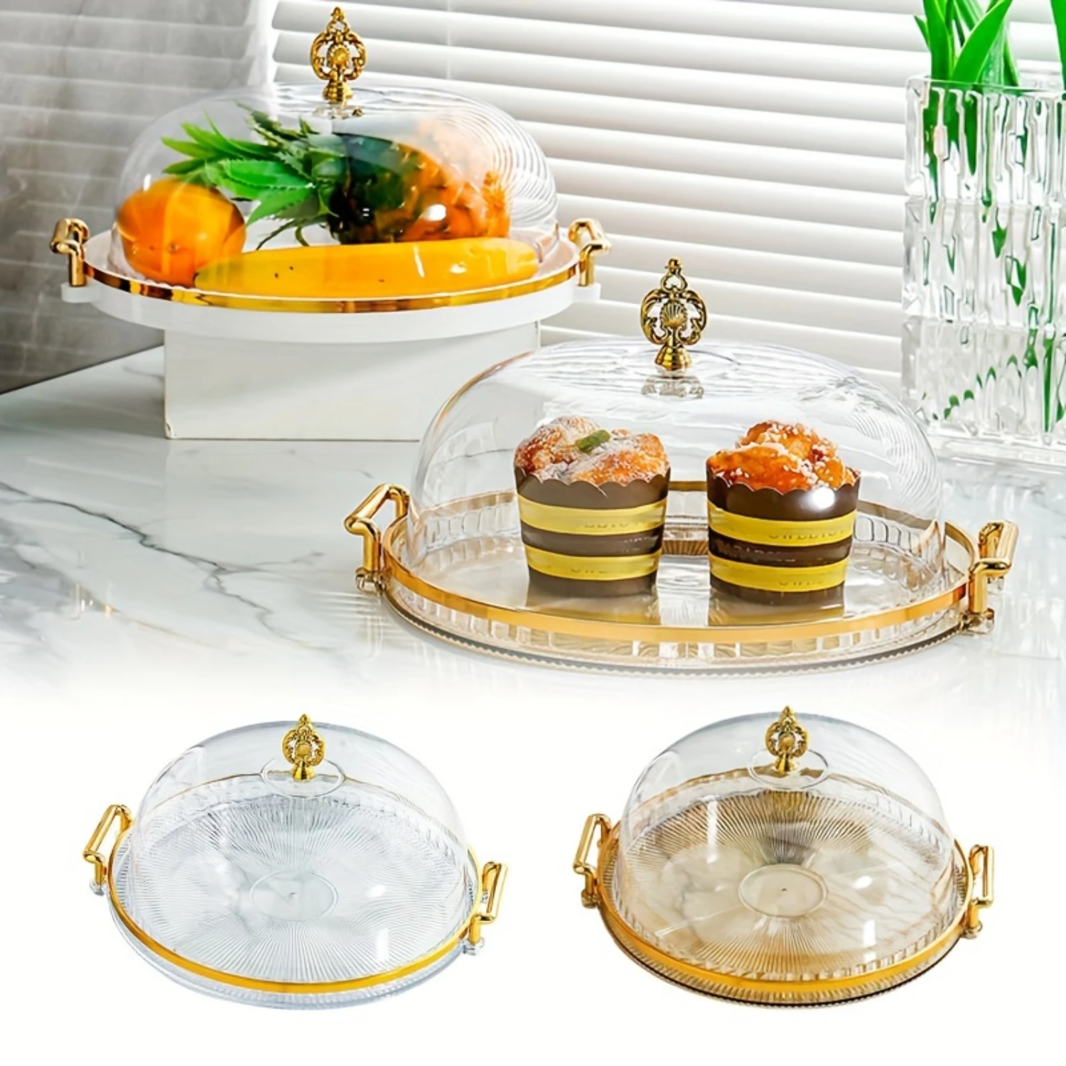 Glam Plastic Serving Tray with Lid - 1pc Round Decorative  , Nordic Style Dessert & Fruit Display Stand, Cake Showcase,  & Party