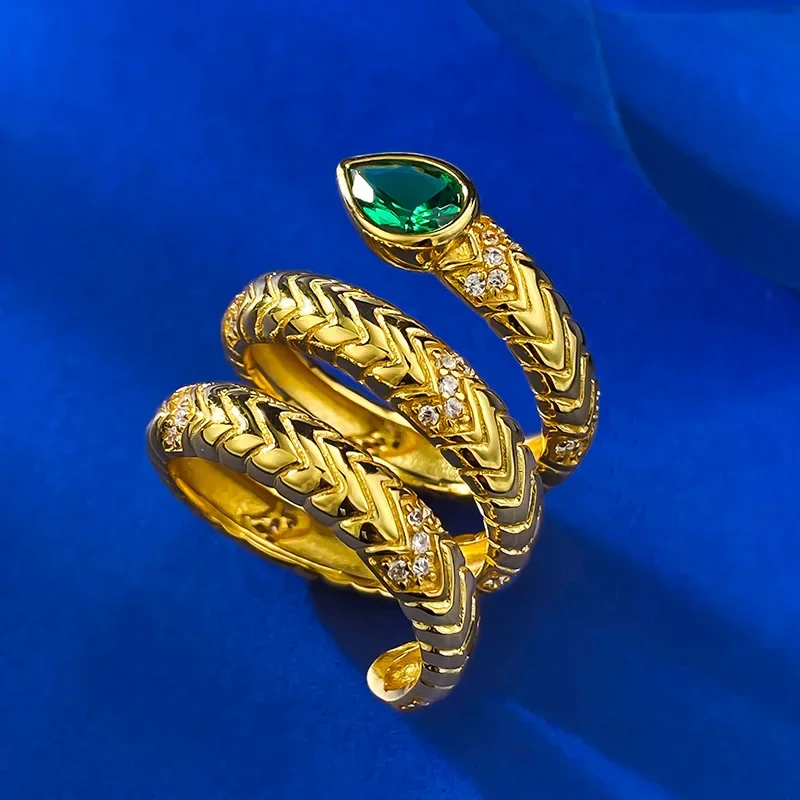 2024 New S925 Pure Silver Heavy Industry Style Mid Ancient Style Snake Ring 5 * 7 Nano Green Leisure Fashion Style Hot Selling