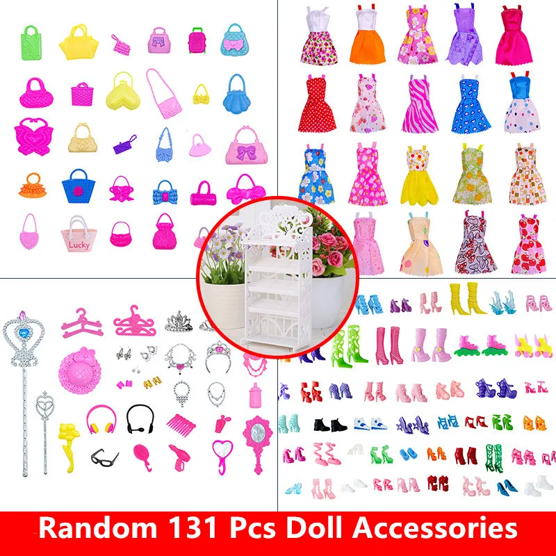 New 131 Item/Set Doll Accessories=20 Mix Fashion Cute Dress+50 shoes+30 Bags+1 Shoe cabinet+30 Accessories For Barbieee Doll