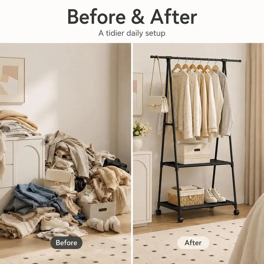 A-Frame Rolling Clothes Rack With 2 Storage Shelves, Carbon Steel & Non-Woven Freestanding Clothing Organizer For Bedroom, Close