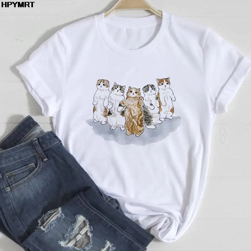 Camiseta de manga corta con dibujos de gato para mujer, remera de gran tamaño, playera blanca y rosa, ropa informal de calle para mujer 2022