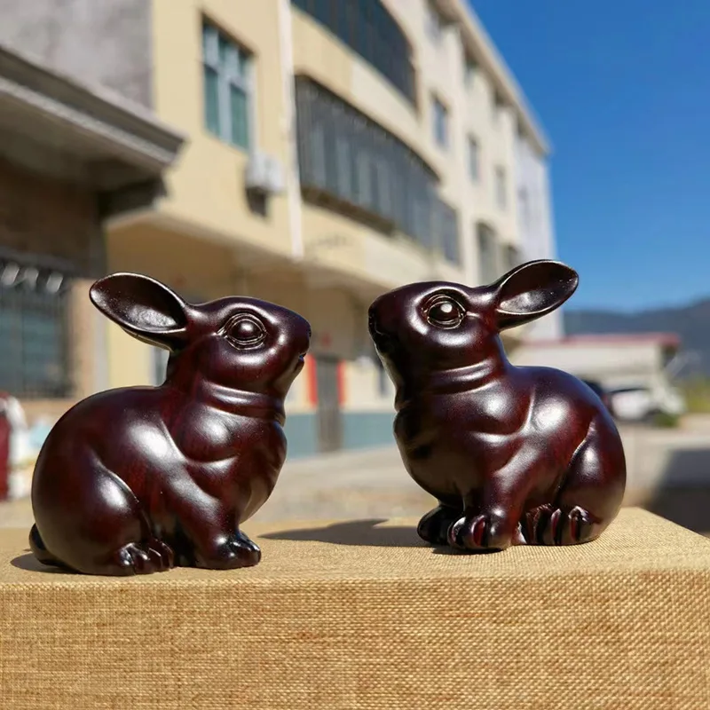 Ebony Wood Carving Zodiac Jade Hare Wood Products Decoration Lucky Rabbit Fortune Rabbit Glossy Rabbit