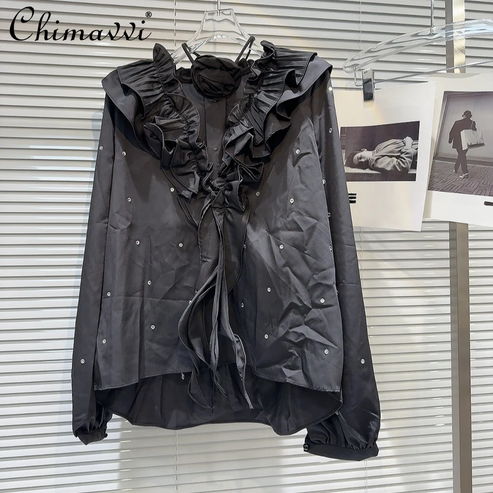 2024 Summer New French Fashion Pleated Ruffled Collar Solid Color Shirt Women's Loose Long Sleeve Shirt Blusas De Mujer