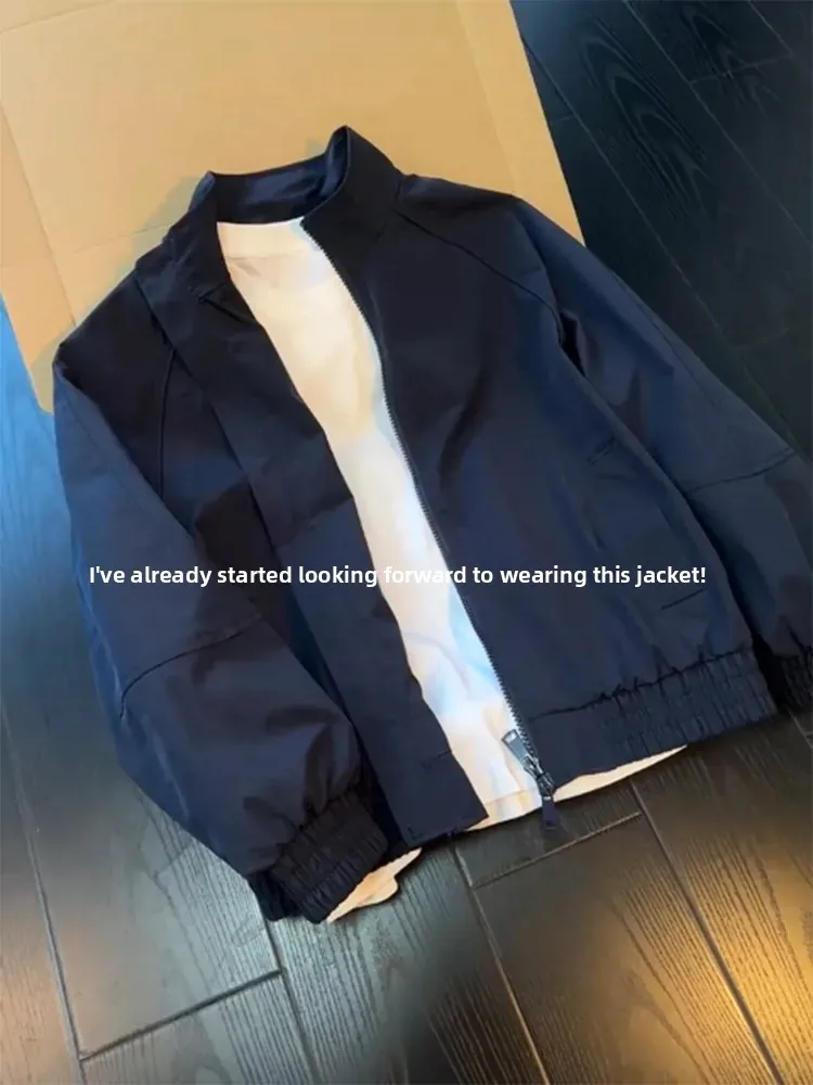 Cleanfit Loose Short Baseball Jacket for Men in Dark Blue Trendy Brand High Sensation Autumn Season Windproof Zipper Closure
