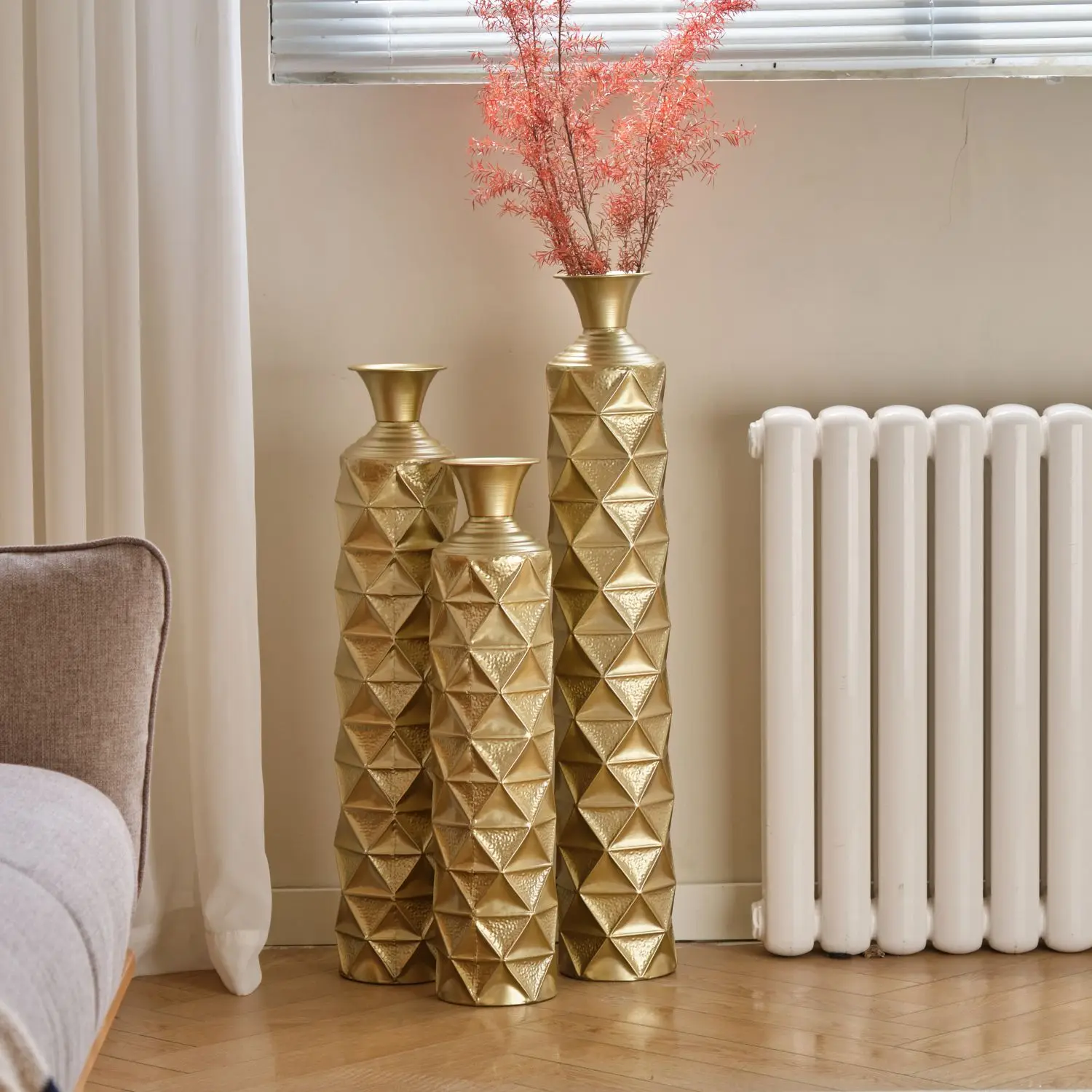 Semi-Handmade Metal Floor Vase Set Of 3, Gold-Plated Geometric Diamond Pattern, 33.5/29.5/25.2 Inch Decor For Living Room