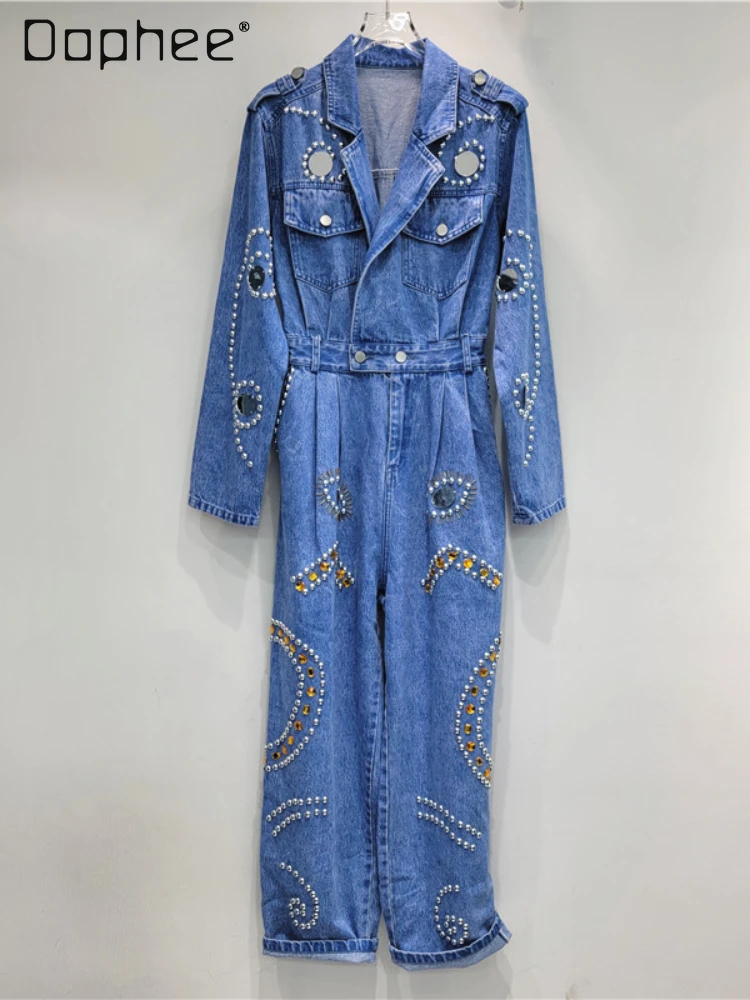 

Heavy Industry Beads Denim Jumpsuit Women 2024 Autumn New Elegant Suit Collar Long Sleeve Waist-Tight Figure Flattering Jumpsuit