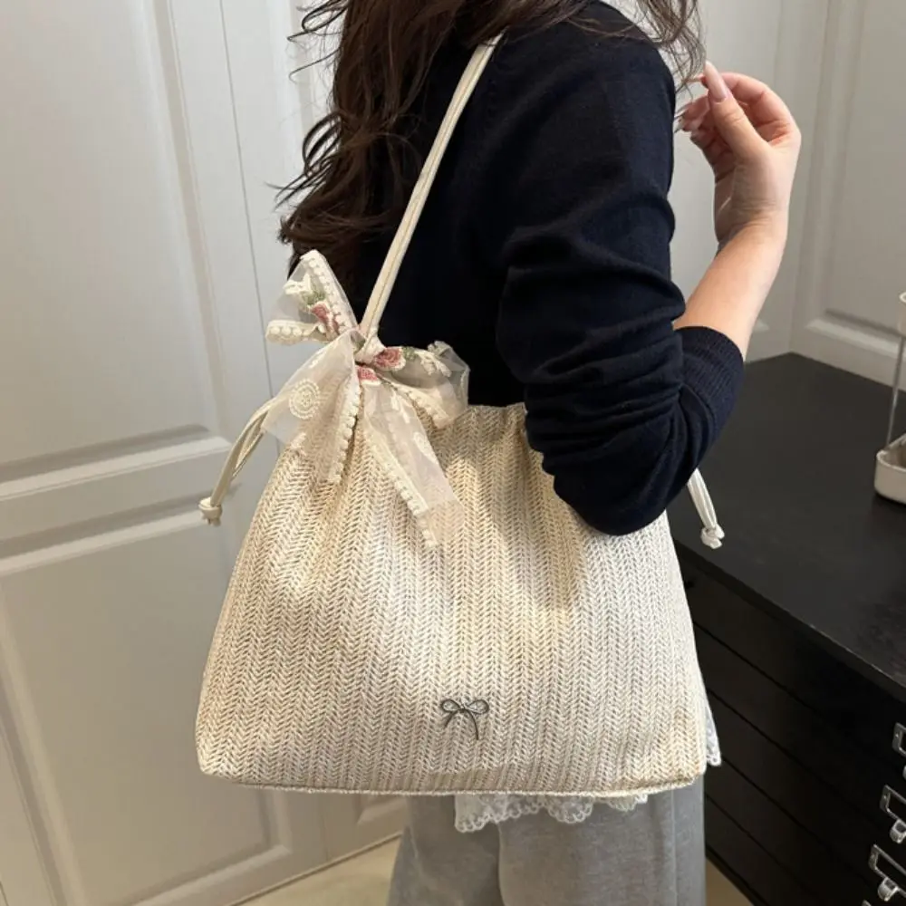 

Casual Elegant Straw Woven Bag Bow Drawstring Grass Knitted Tote Bag Commuting Bohemian Style Beach Shoulder Bag Holiday